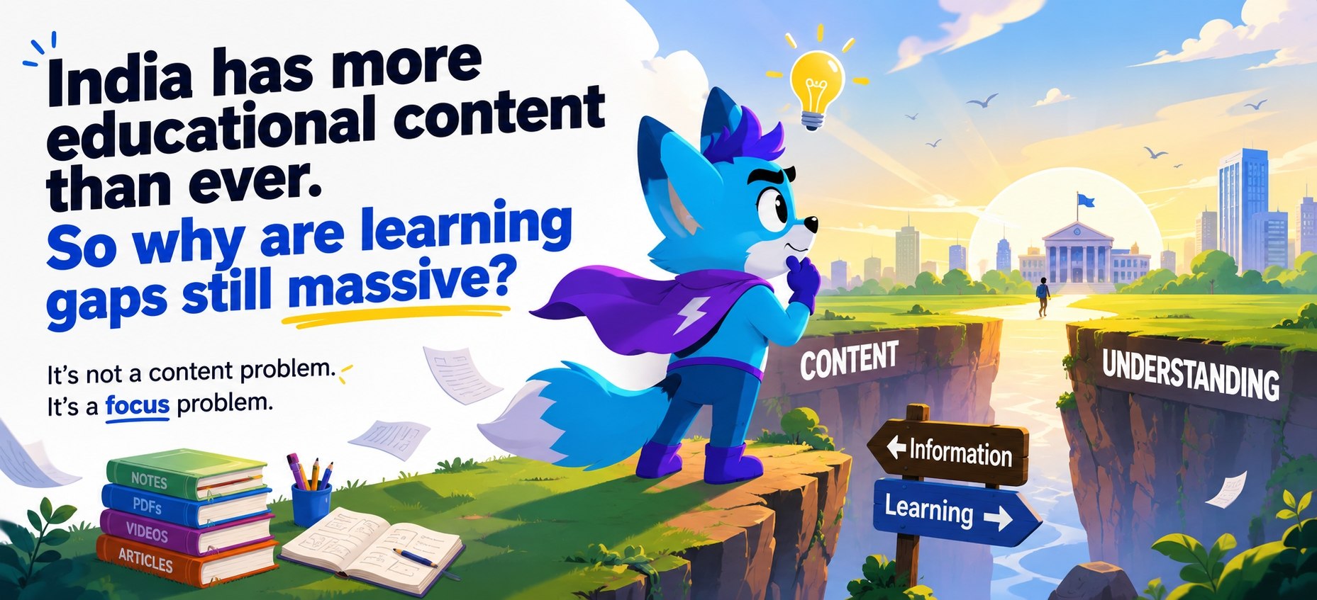 A premium MindGains illustration showing Indian learners, digital content, quizzes and a glowing learning path.